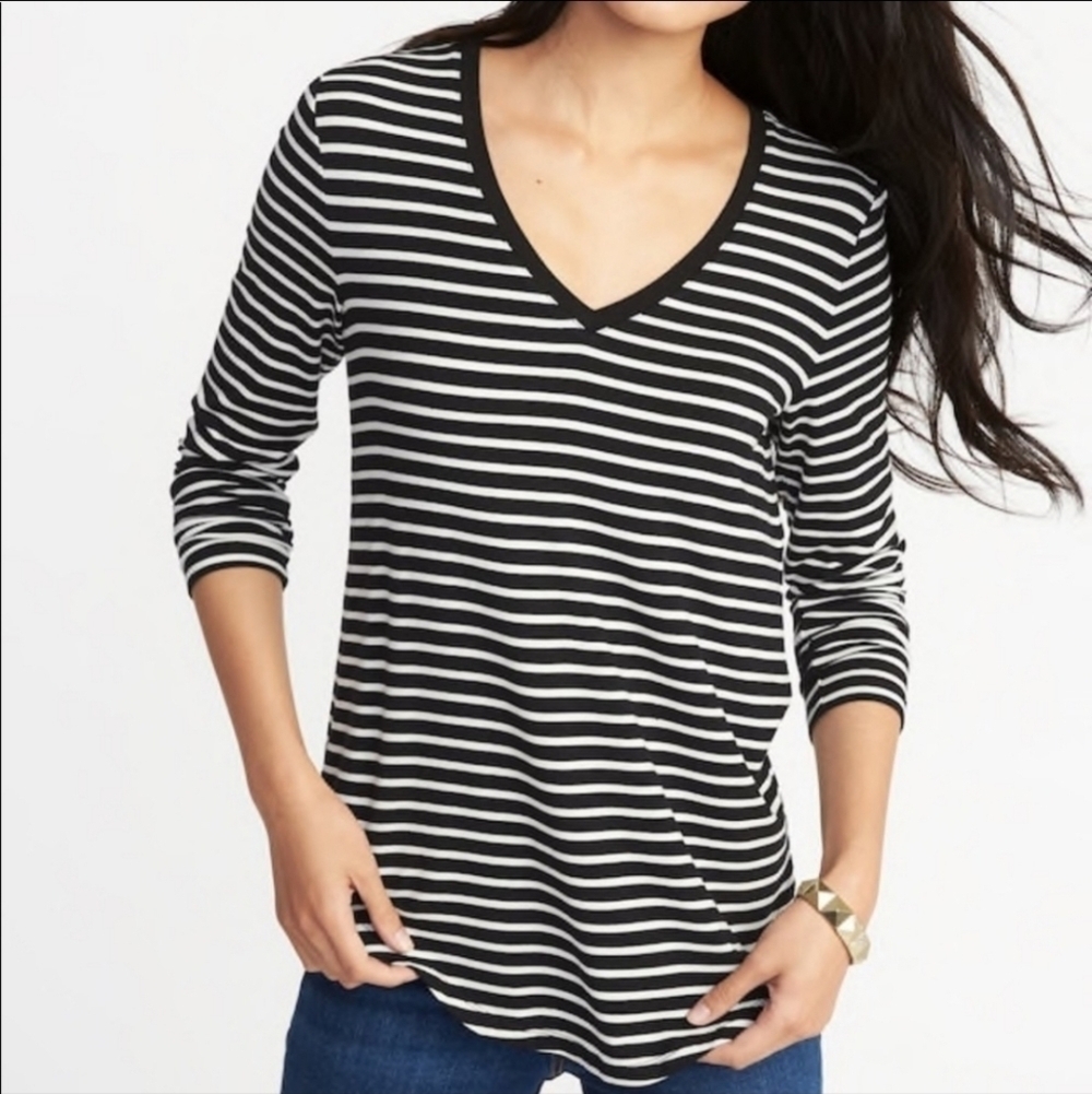 Old Navy Luxe Long Sleeve Tee Black White Stripe V-Neck Women's Large L Casual